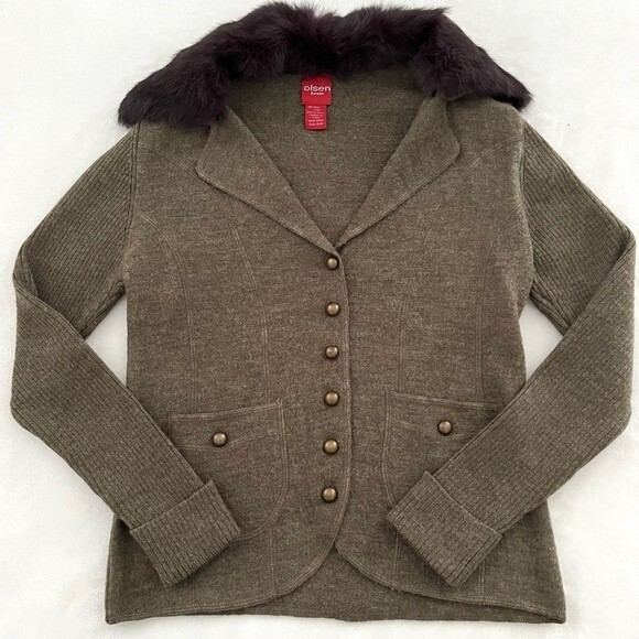 Olsen Europe 100% Wool Army Green Cardigan with Faux Cur Collar, Size S NWOT - Picture 1 of 11
